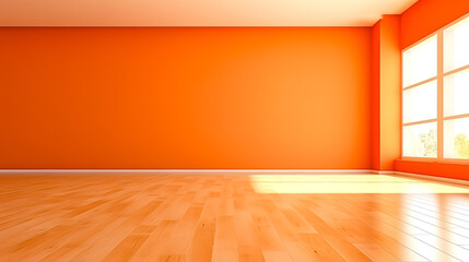 A large empty room with a bright orange wall and wooden floors. The room is very bright and open, with a large window letting in natural light. The space feels clean and inviting, with a sense of calm