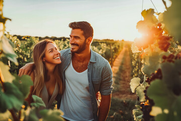 Caucasian happy couple exploring a vineyard at sunrise. - Powered by Adobe