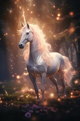 Magical unicorn in enchanted forest