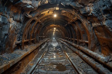 Fototapeta na wymiar This image shows a moody, atmospheric shot of a mining tunnel with tracks and structural supports