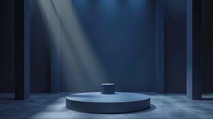 Dark blue product stage background or podium pedestal display on blank modern art room with studio...