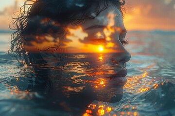 A serene portrait of a woman half-submerged in water during a sunset, with the sky reflecting beautifully on the water surface