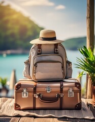 bagages prêts pour un voyage avec un chapeau dessus, valise et sac à dos en ia