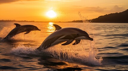 dolphins jumping at sunset © Balaraw