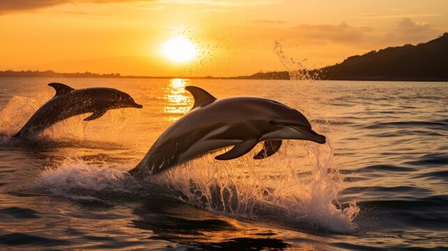 dolphins jumping at sunset