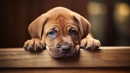 Sad puppy dog looking up with big eyes