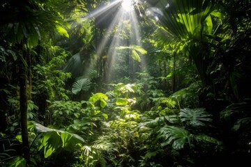 Lush tropical rainforest with sun rays shining through the foliage