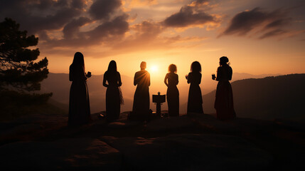 Silhouette of sunset, group of women gathers in togetherness, united in prayer and freedom, beauty of sunrise in shared religious devotion. Christian girl prays with team, by love and faith in belief.