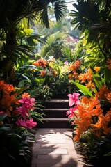 Lush tropical garden path with vibrant flowers