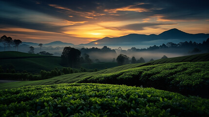 Asia, lush green hills, tea plantations thrive, testament to harmonious relationship between nature and agriculture in. Countryside, amidst rolling hills and mountains, tea farms paint landscape.