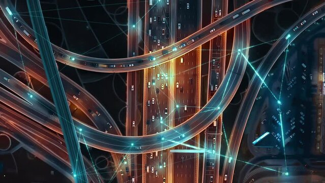 Intelligent Vehicles Cars Communicating Ai Logistic Autonomous Delivery Vehicles IoT GPS Tracking Satellite 5G Smart Roads Traffic Road Junction Interchange Motorway Triangulation Of Traffic Data