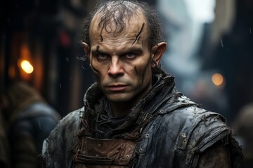 Obraz premium Intense post-apocalyptic warrior with piercing gaze