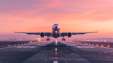 A large jetliner taking off from an airport runway at sunset or dawn with the landing gear down and the landing gear down, as the plane is about to take off.