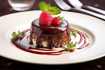 Delicious chocolate dessert with fresh raspberries