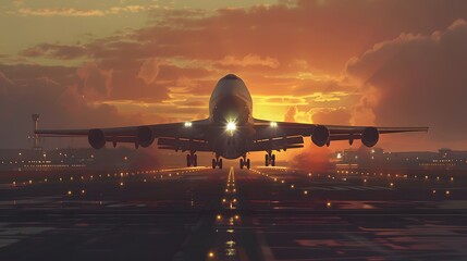 A large jetliner taking off from an airport runway at sunset or dawn with the landing gear down and the landing gear down, as the plane is about to take off.