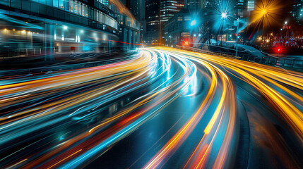 Dynamic urban lights, long exposure reveals swirling trails in the night, an abstract vision of speed and movement in the city --ar 16:9 --stylize 200 Job ID: 9ad08efa-09b8-4f74-a771-169671780d0e