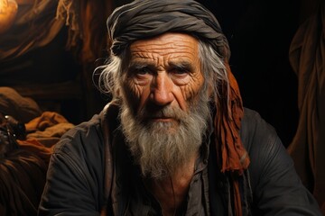 Obraz premium Weathered face of an elderly man with a long beard and turban