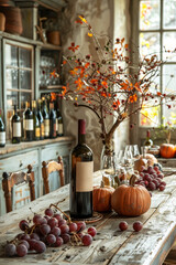 Rustic autumn table scene with wine, pumpkins, and grapes evoking harvest warmth.