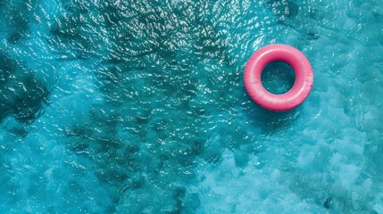 Concept tropical paradise travel relax. Aerial top view young woman swimming with donut pink inflatable swim ring in blue sea