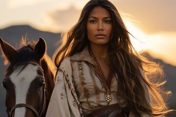 beautiful woman in western attire with horse at sunset