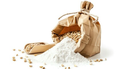 Paper bag with wheat flour and wooden scoop isolated on white background