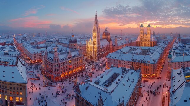 Aerial View of Winter Evening in Marienplatz, Munich with Snow-Covered Rooftops and Cathedral