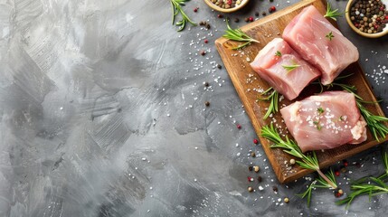 Raw pork meat on wooden board on grey background with rosemary, salt and pepper. Pork loin. Copy space. Top view.