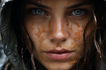 Intense facial expression of a person with wet hair