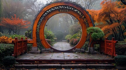 Mystical Autumn Morning at Moon Gate in Purple Bamboo Park, Beijing