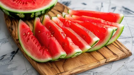 Slices of juicy watermelon arranged on a wooden cutting board - Powered by Adobe