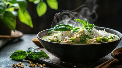 steaming bowl of traditional Thai green curry served with fragrant jasmine rice