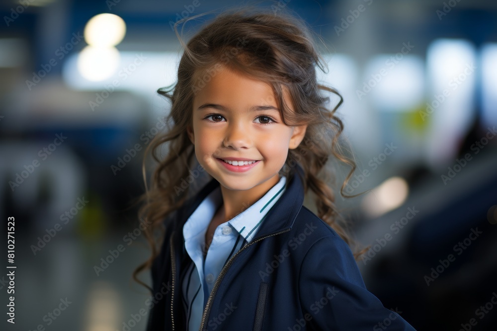 Wall mural Smiling young girl with curly hair in blue coat