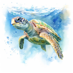 Fototapeta premium Aqua green sea turtle underwater in the ocean. Watercolor illustration.