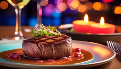 Grilled steak on a vibrant plate with elegant garnishes, under romantic candlelight, embodying a luxurious dining experience.