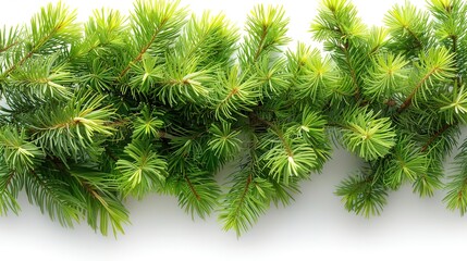 A beautiful photograph of a fir tree branch with green needles. The branch is isolated on a white background. The image is perfect for use as a Christmas or winter background.