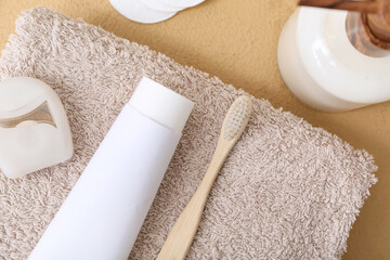 Set of bath supplies and cosmetics on color background, closeup
