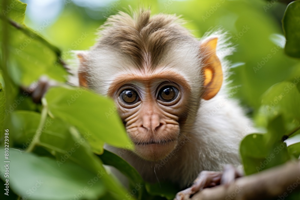 Poster Curious baby monkey peeking through leaves