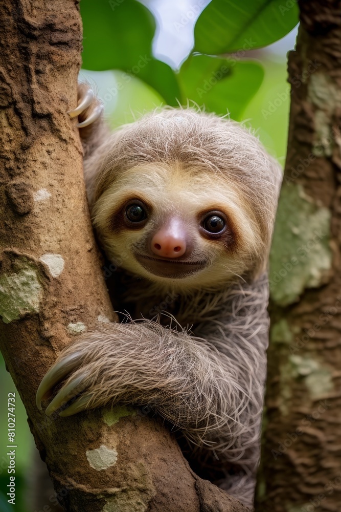 Poster Cute sloth peeking out from tree trunk