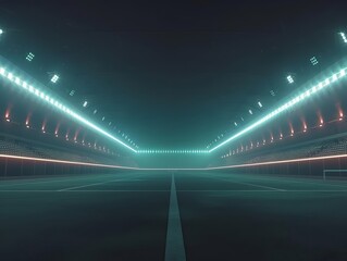 A deserted football stadium illuminated by futuristic, pulsating lights, creating a surreal setting for an AIgenerated image with copy space