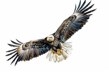 A fantastic watercolor of a majestic eagle in flight, symbolizing freedom and strength, isolated white background