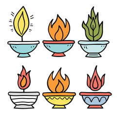 Six colorful diya lamps cartoon style design, traditional Indian oil lamps flames, festive decoration elements isolated white background. Different designs diya lights, used during Diwali