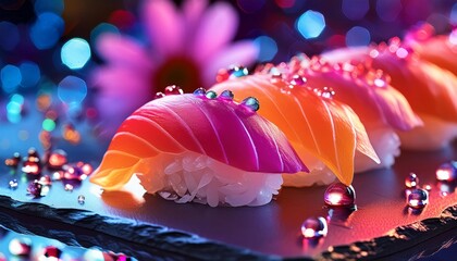 Exquisite sushi with vibrant toppings on a dark plate, enhanced by colorful bokeh lights, embodying upscale dining elegance.