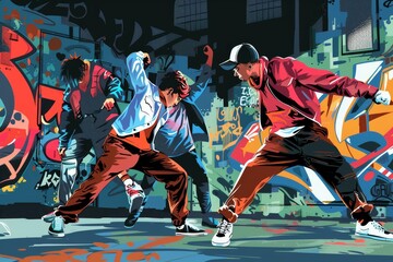 A lively street dance battle in an urban setting, illustrated in a graffiti art style with an area for a bold, expressive tagline