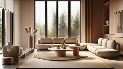 Minimalist living room in khaki, , copy space, minimalist room