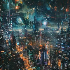 Naklejka premium A panoramic view of a bustling city skyline at night, illustrated in a futuristic cyberpunk style with a space for an urban exploration quote
