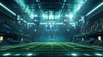 A rugby stadium outfitted with advanced cybernetic scoreboards and atmospheric lighting, rendered for an AI creation with copy space