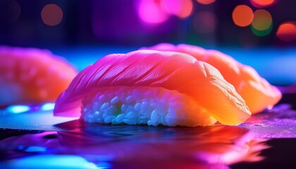 Vibrant sushi piece under pink and blue lights, reflecting a luxurious, contemporary dining experience.