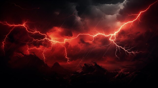 Surreal Red Lightning Illuminating a Stormy Mountainous Landscape