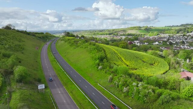 Farms and Fields over Kingskerswell and Road A380 from a drone, Devon, England