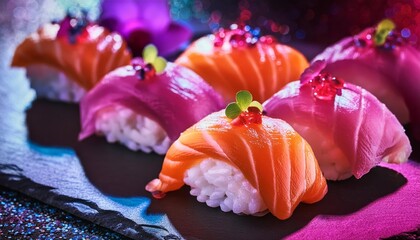 Elegant sushi display with vibrant salmon, edible flowers, and sparkling bokeh—perfect for upscale dining and culinary artistry.